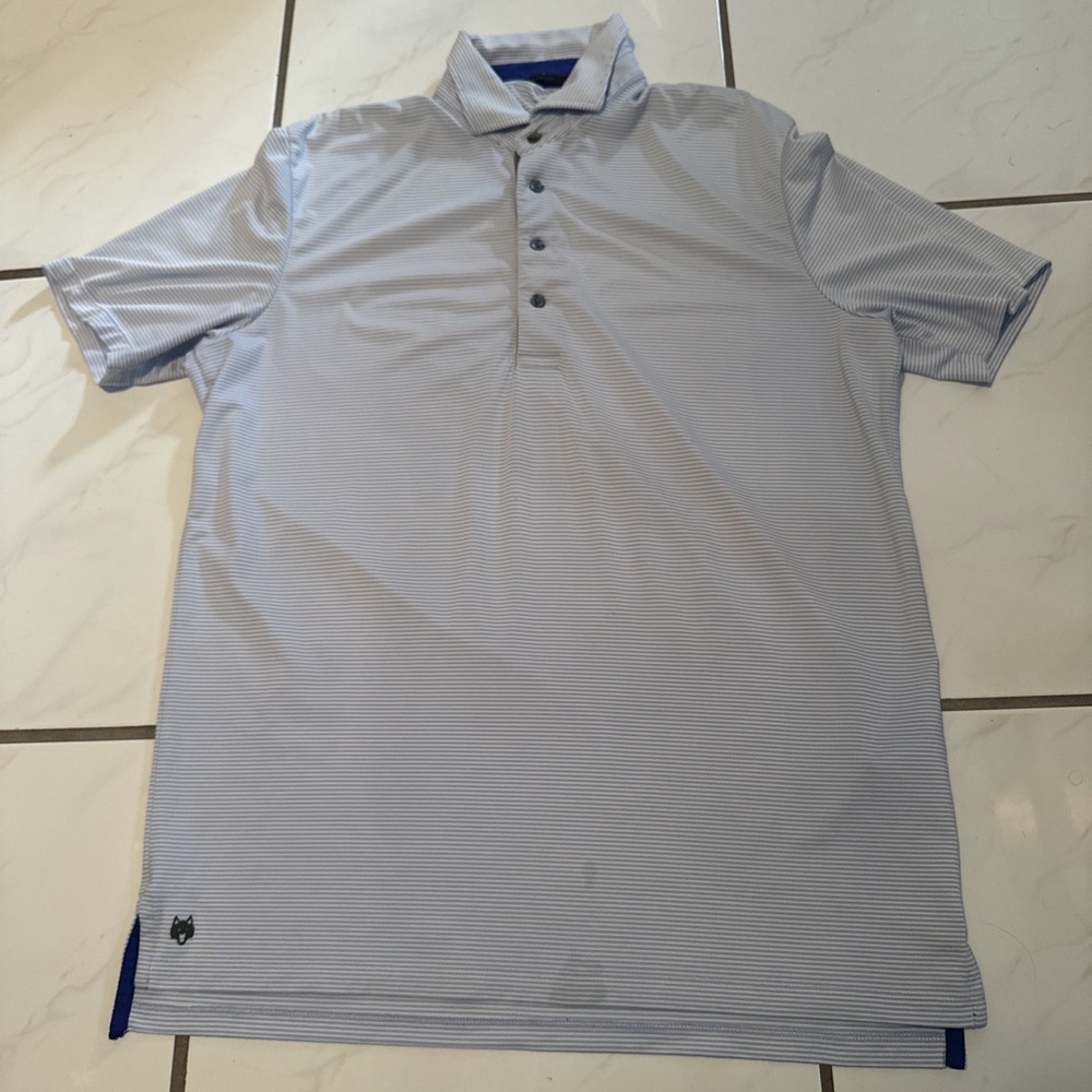 Greyson Polo Short Sleeve Shirt Mens M Wolf Logo Stripe Golf Performance Tech